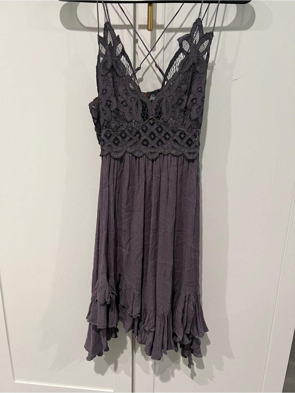 Free people Boho Crochet Bodice Spaghetti Strap Dress in Charcoal Gray